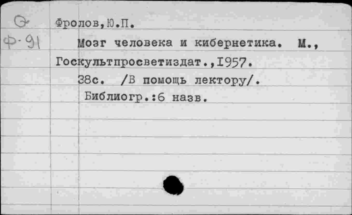 ﻿г		ФрО	лов,Ю.П.
4>- ?>(	:	Мозг человека и кибернетика. М.,
	Госкультпросветиздат. ,1957»	
		38с. /В помощь лектору/.
		Библиогр.:6 назв.
		
		
		
		
		
		